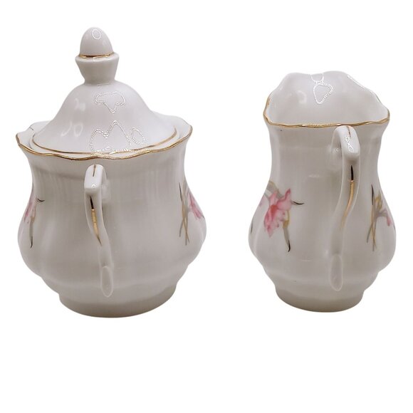 Walbrzych Poland Sugar Bowl Creamer Set Porcelain Gold Trim Floral Design VTG - Picture 4 of 12